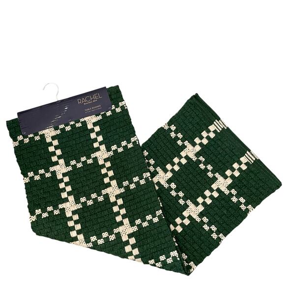 Rachel Roy Checkered Jute Table Runner 16x90 Christmas Holiday Green Cream New - Picture 10 of 12